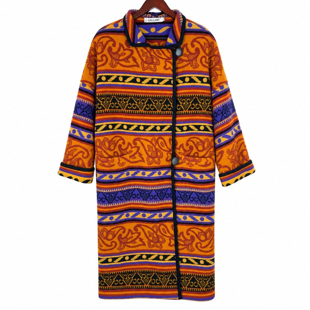 Vtg Gallery 80s Coat S Oversized Duster Wool Southwestern Maximalist Artsy Boho